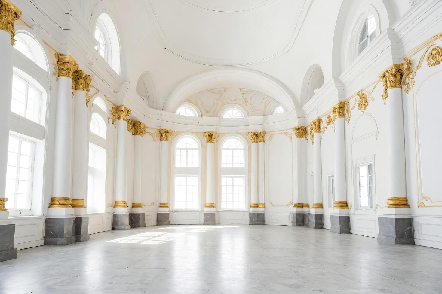 Empty White Room With Arched Windows And Gold Trim photo