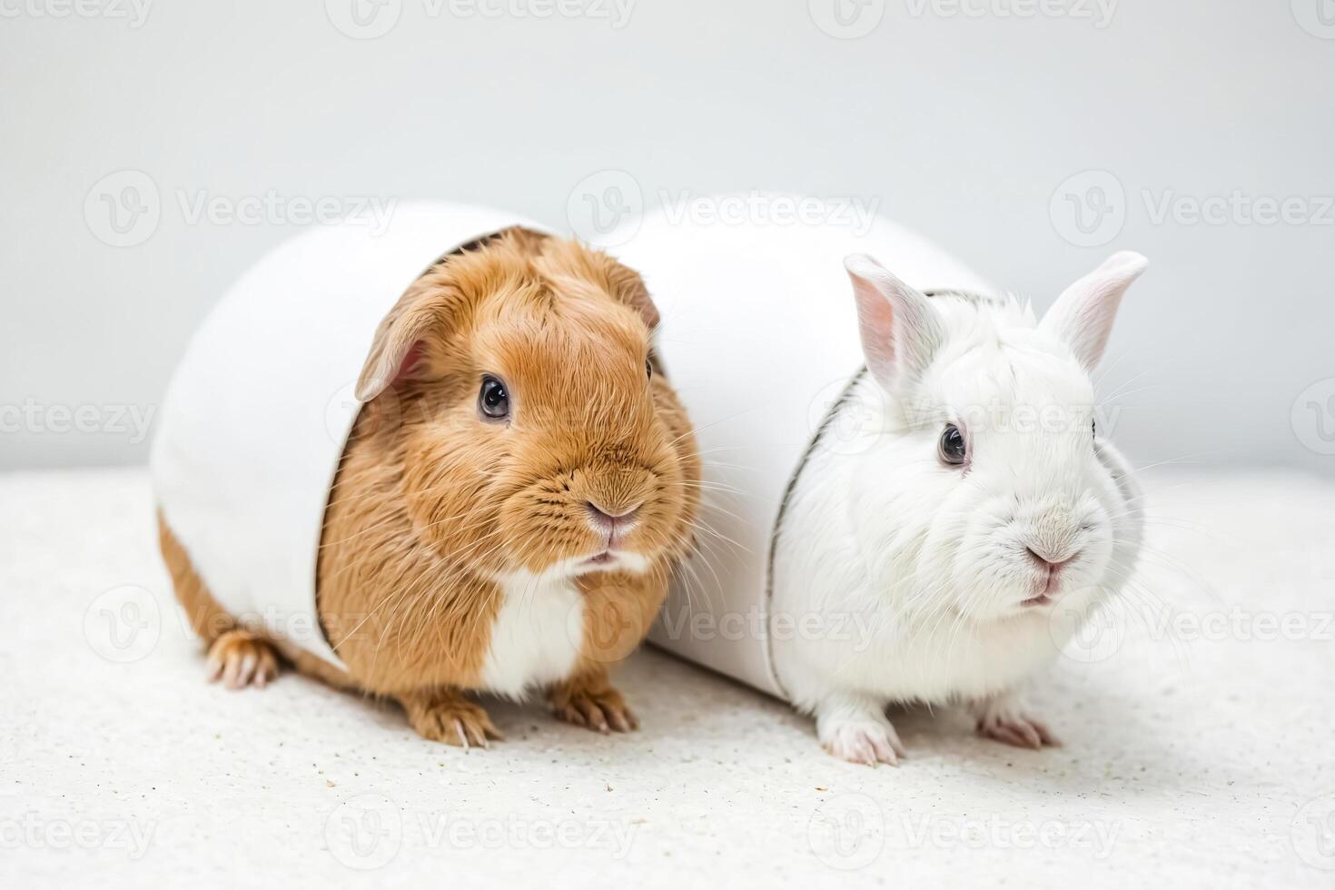 Two Rabbits Sitting in White Egg-Shaped Houses photo
