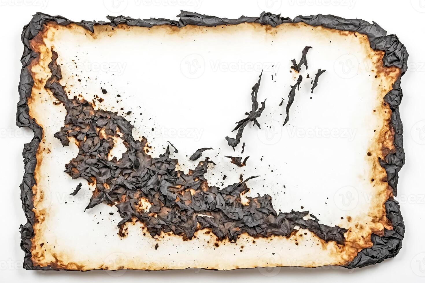 Burned paper frame isolated on white background photo