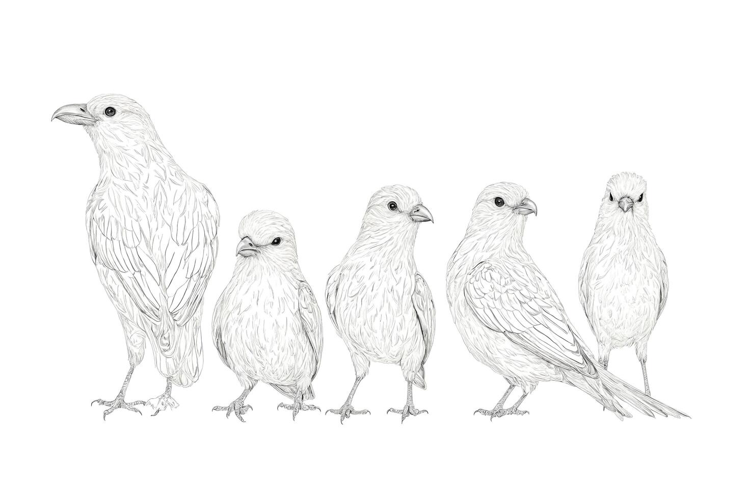 Black and white line drawing of a crow and four birds on a white background photo