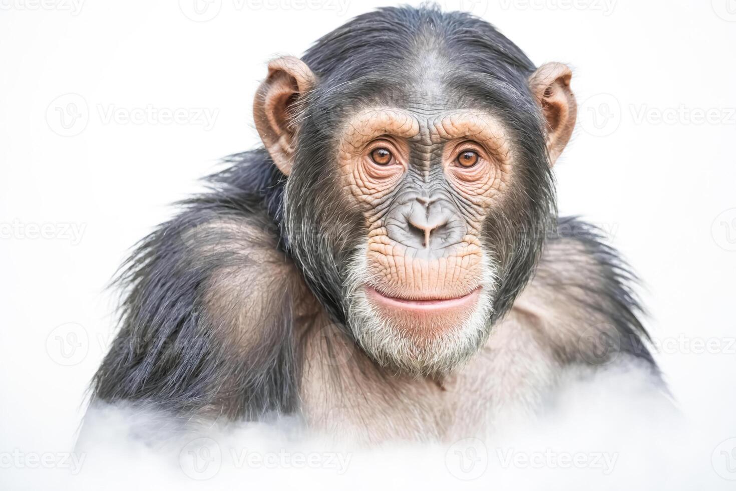 Close-up portrait of a chimpanzee with a soft smile photo