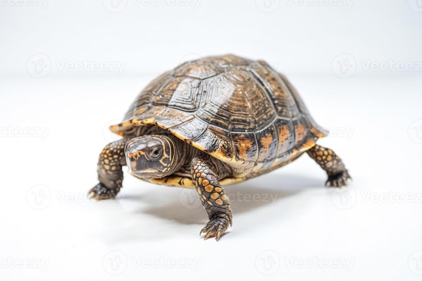 A turtle walking across a white surface photo