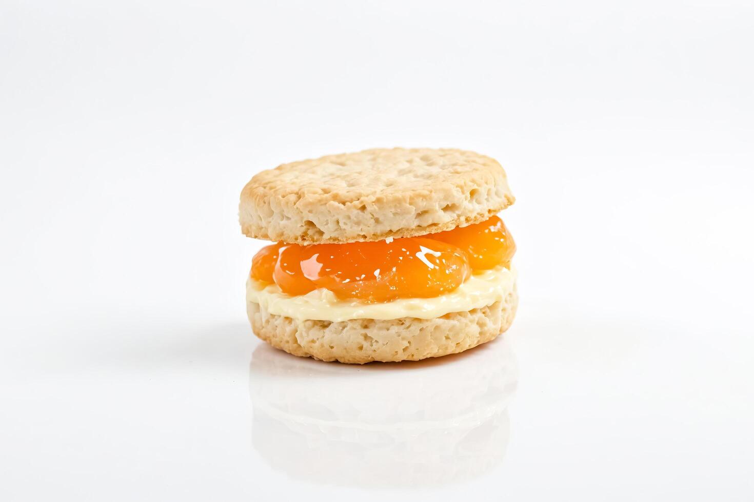 Freshly baked scone with apricot jam and whipped cream photo