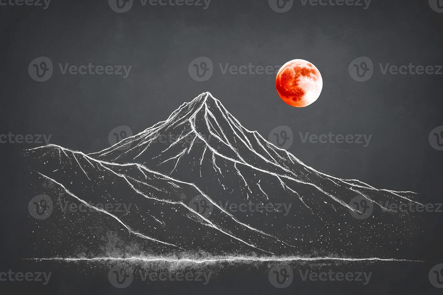 Chalkboard Drawing of a Mountain Range Under a Red Moon photo