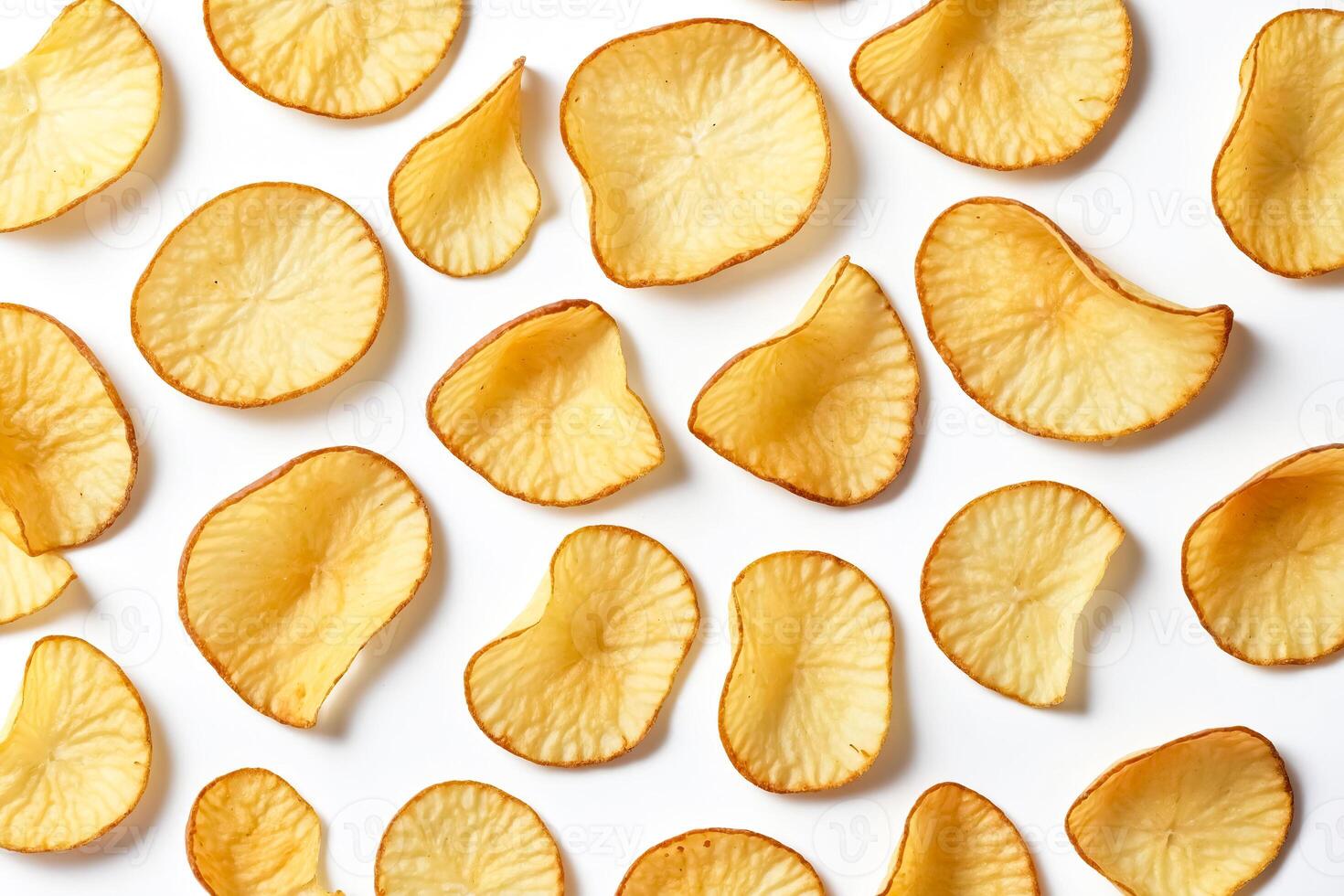 Crispy Cassava Chips Scattered on White Background photo