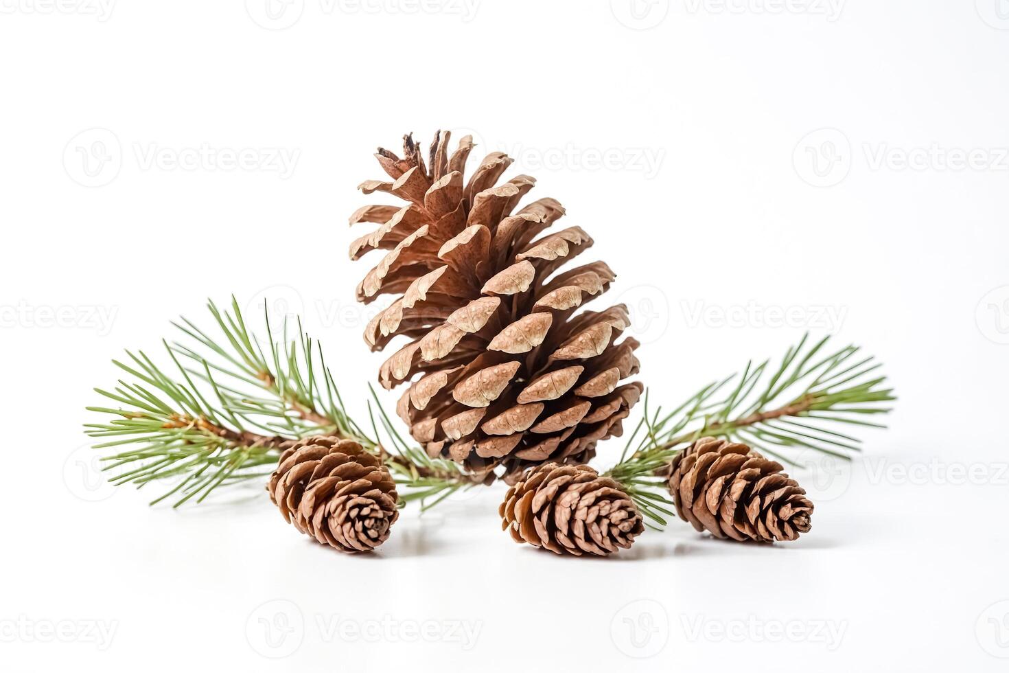 Pine Cones and Sprig on White Background photo