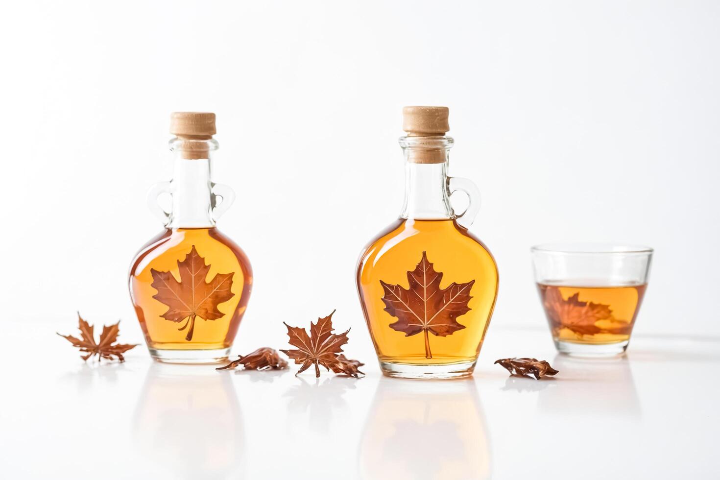 Maple Syrup Bottles with Autumn Leaves on a White Background photo