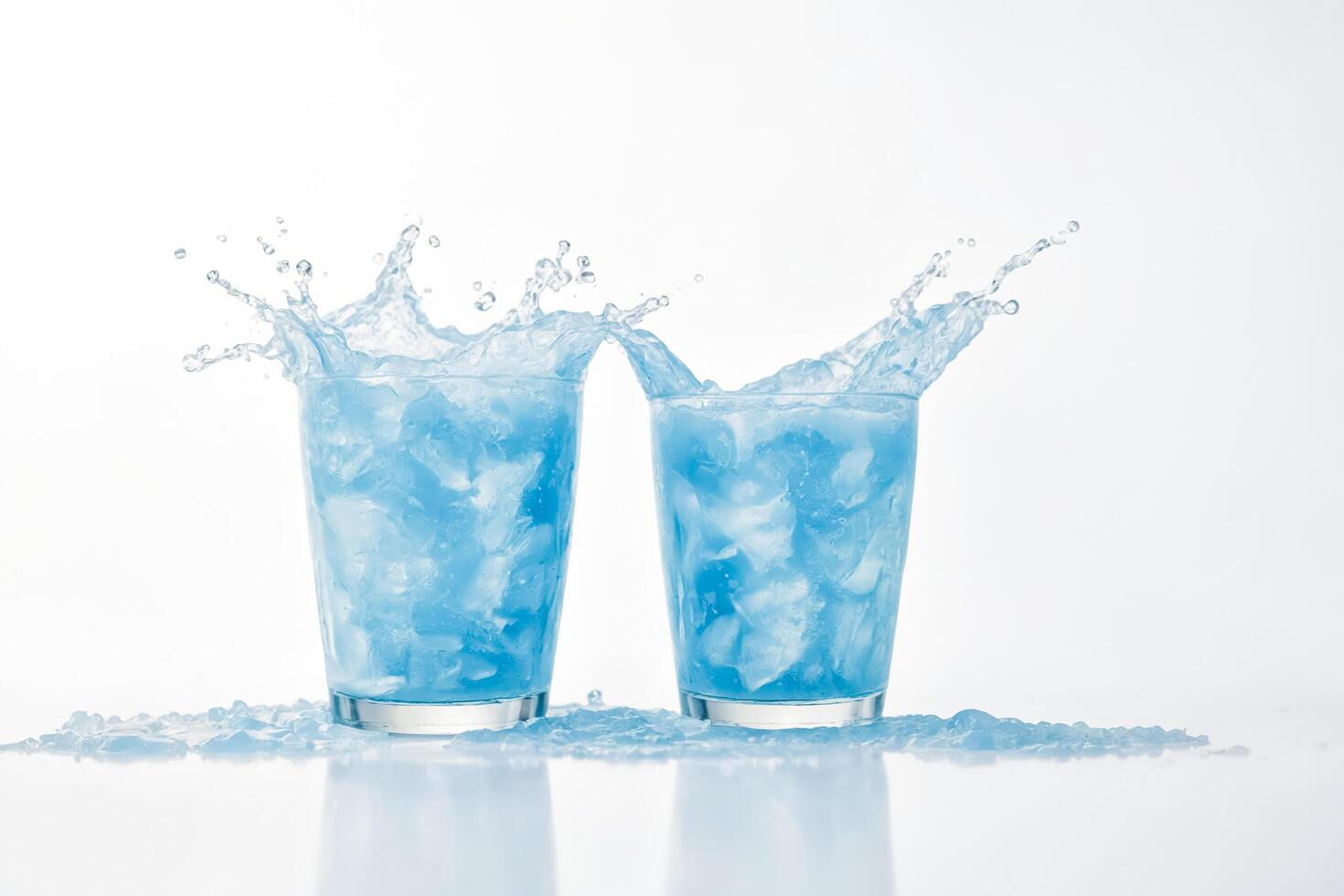 Two glasses of blue liquid with ice cubes and a splash of water photo