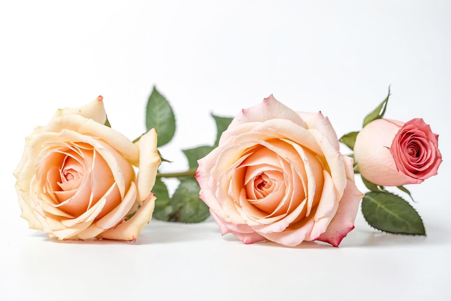 Three delicate peach roses with green leaves photo
