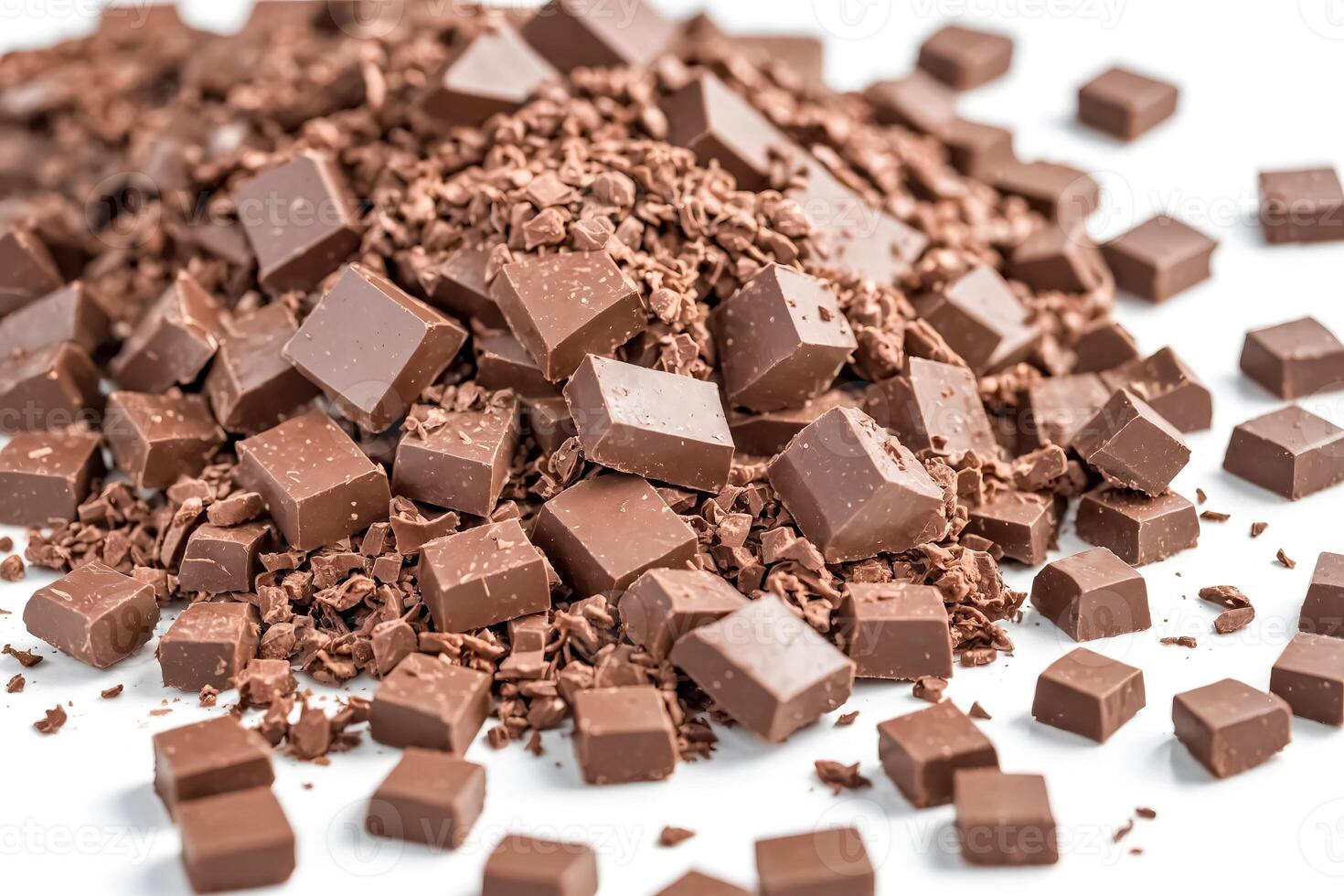 Closeup of Milk Chocolate Pieces and Shavings on White Background photo