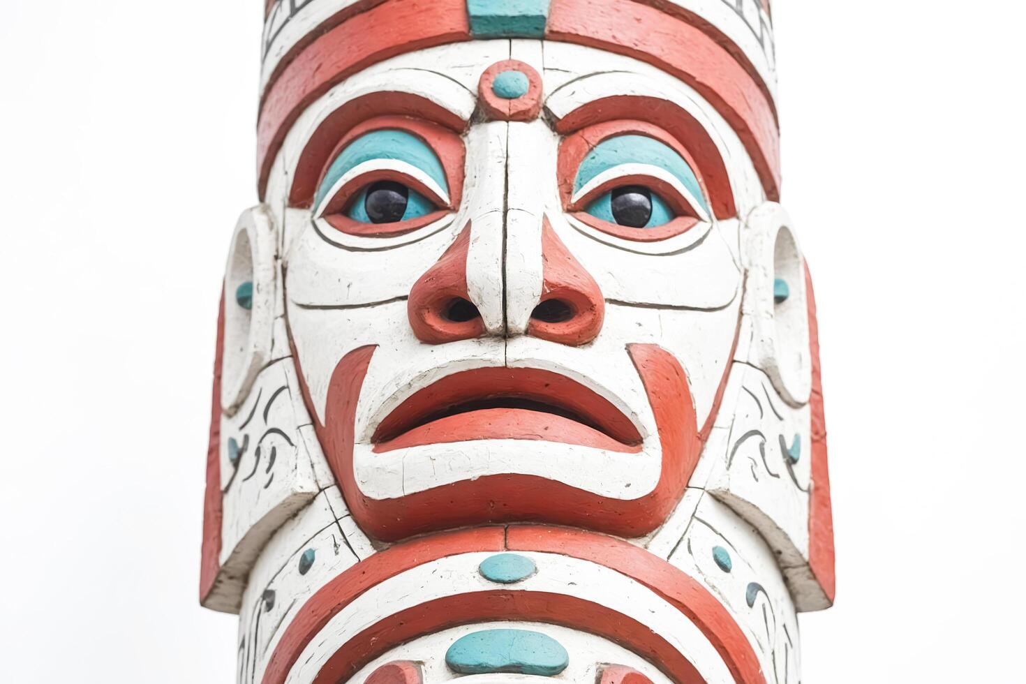 Closeup of a totem pole with a carved human face photo