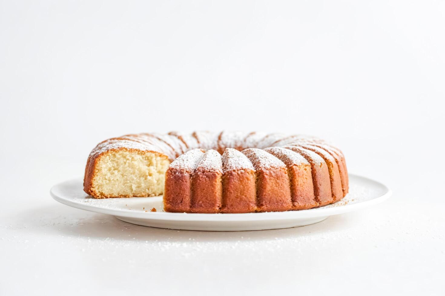 Bundt Cake with a Slice Cut Out on a White Plate photo