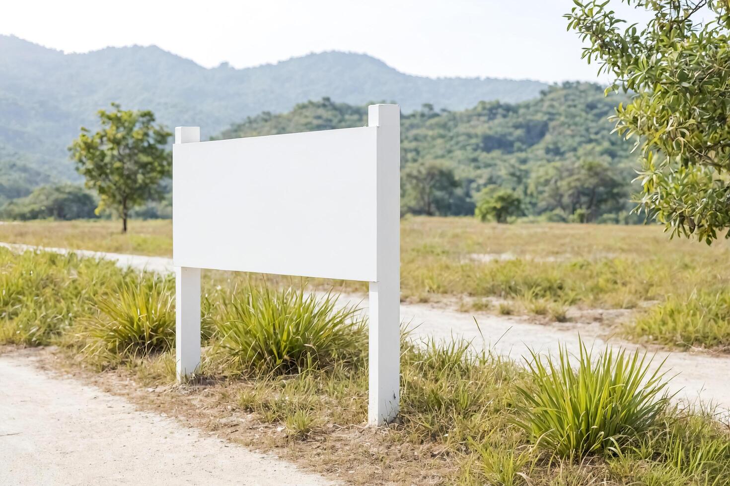 Blank White Sign with Green Grass in the Foreground and a Mountain Landscape in the Background photo