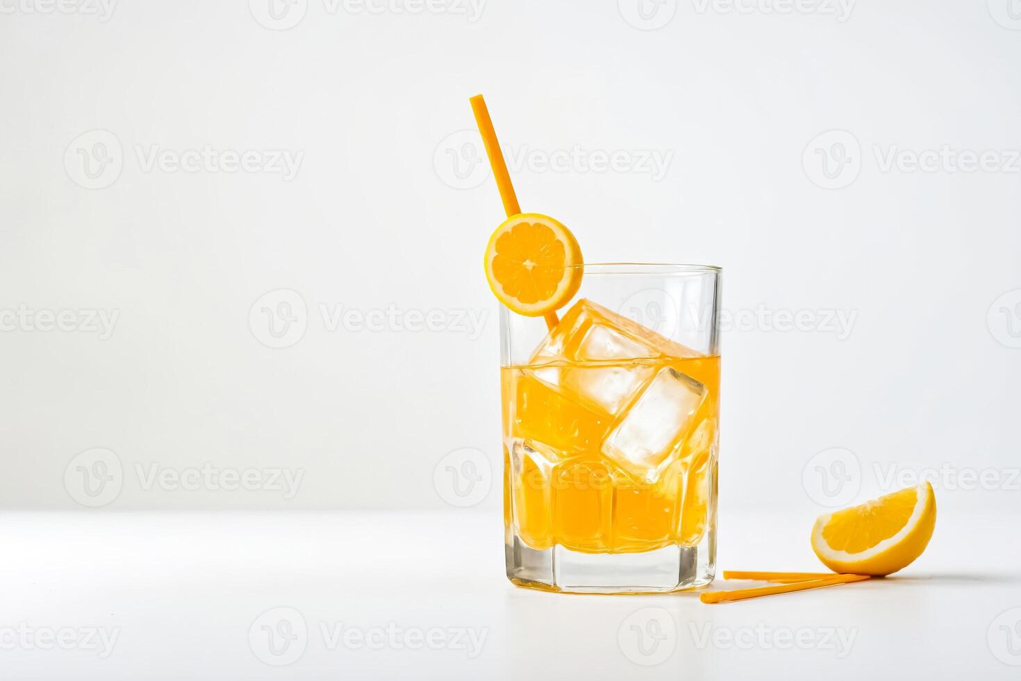 Glass of Orange Juice with Ice and Lemon Slices photo