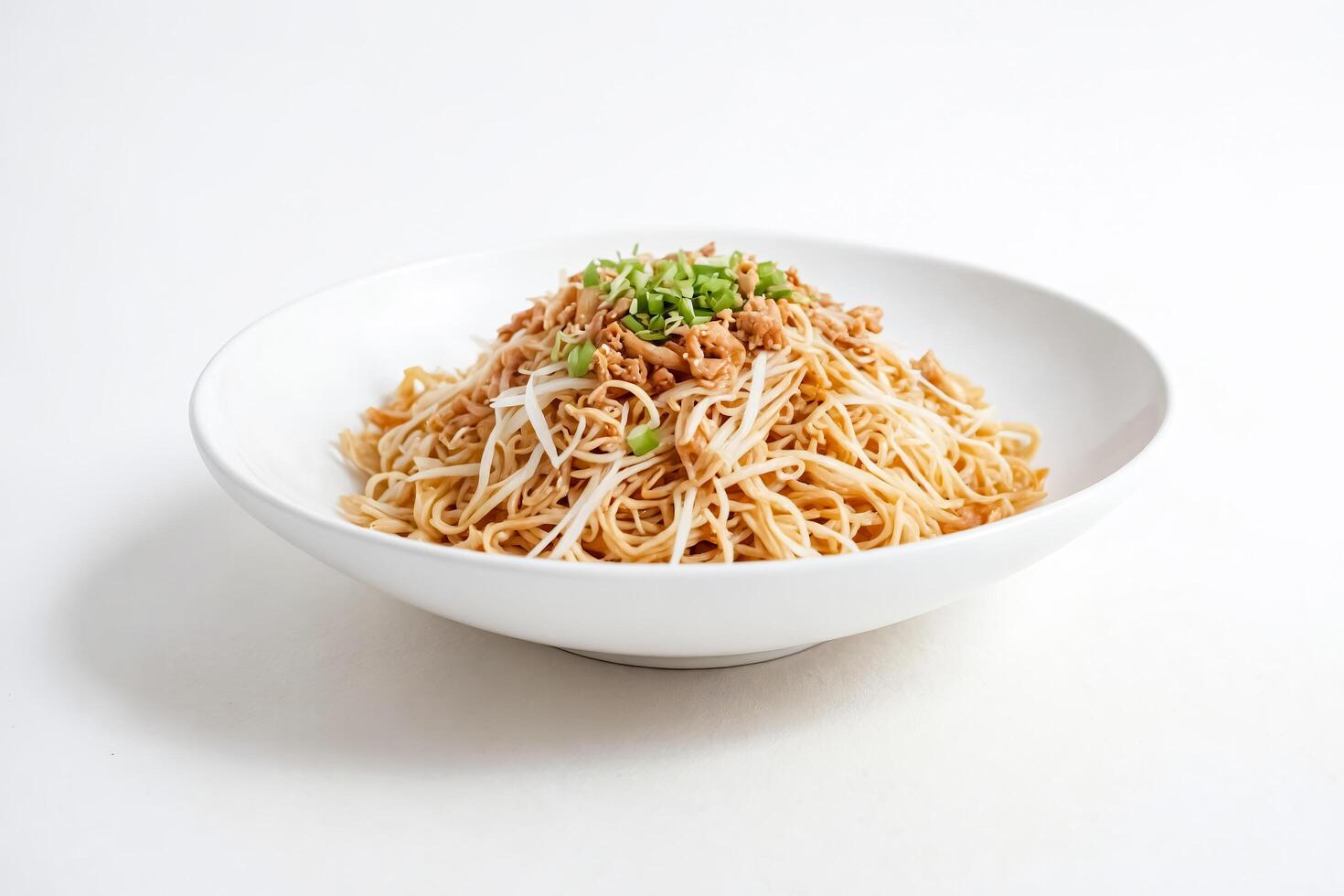 Close-up of a plate of noodles with a white background photo