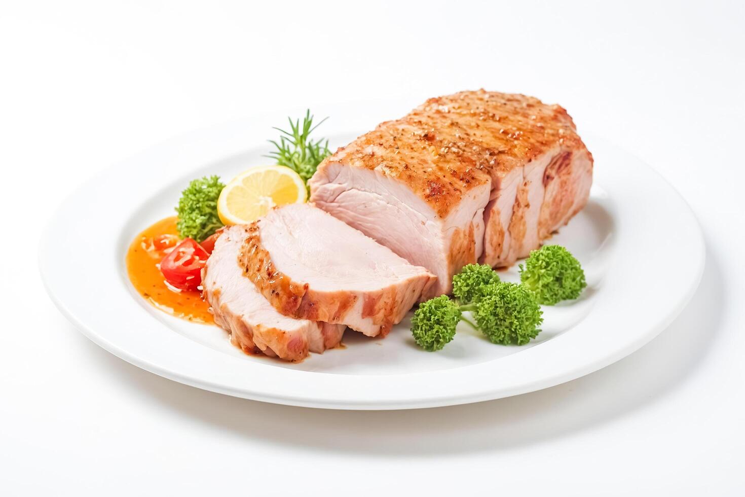 Roasted Turkey Breast Slices with Lemon and Tomato photo