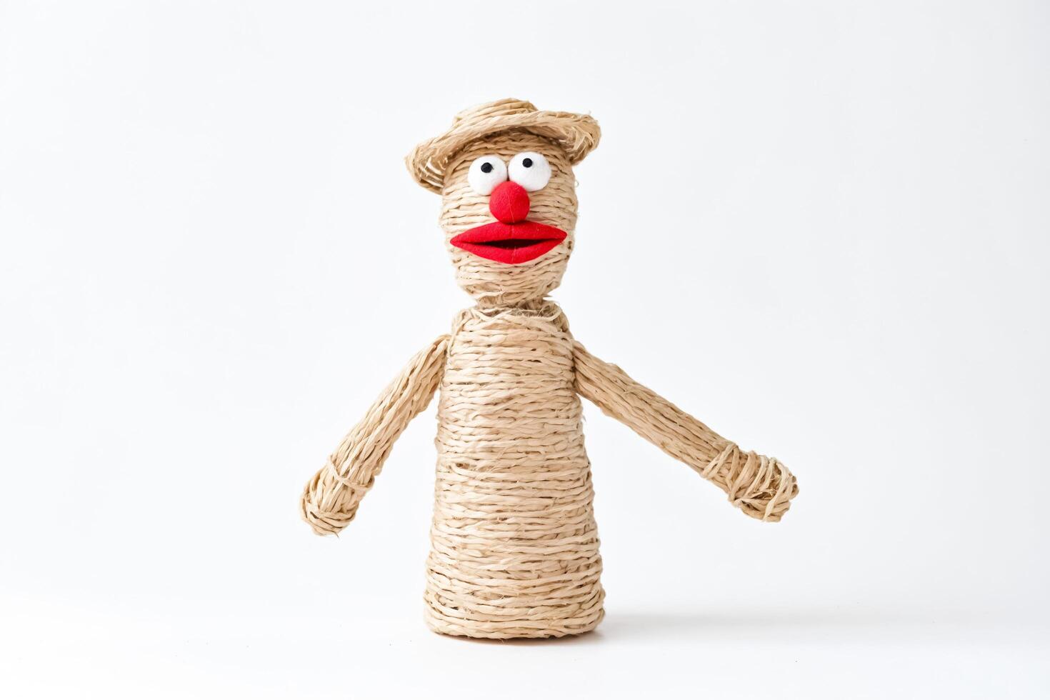 Handmade Straw Doll with Red Lips and Hat photo