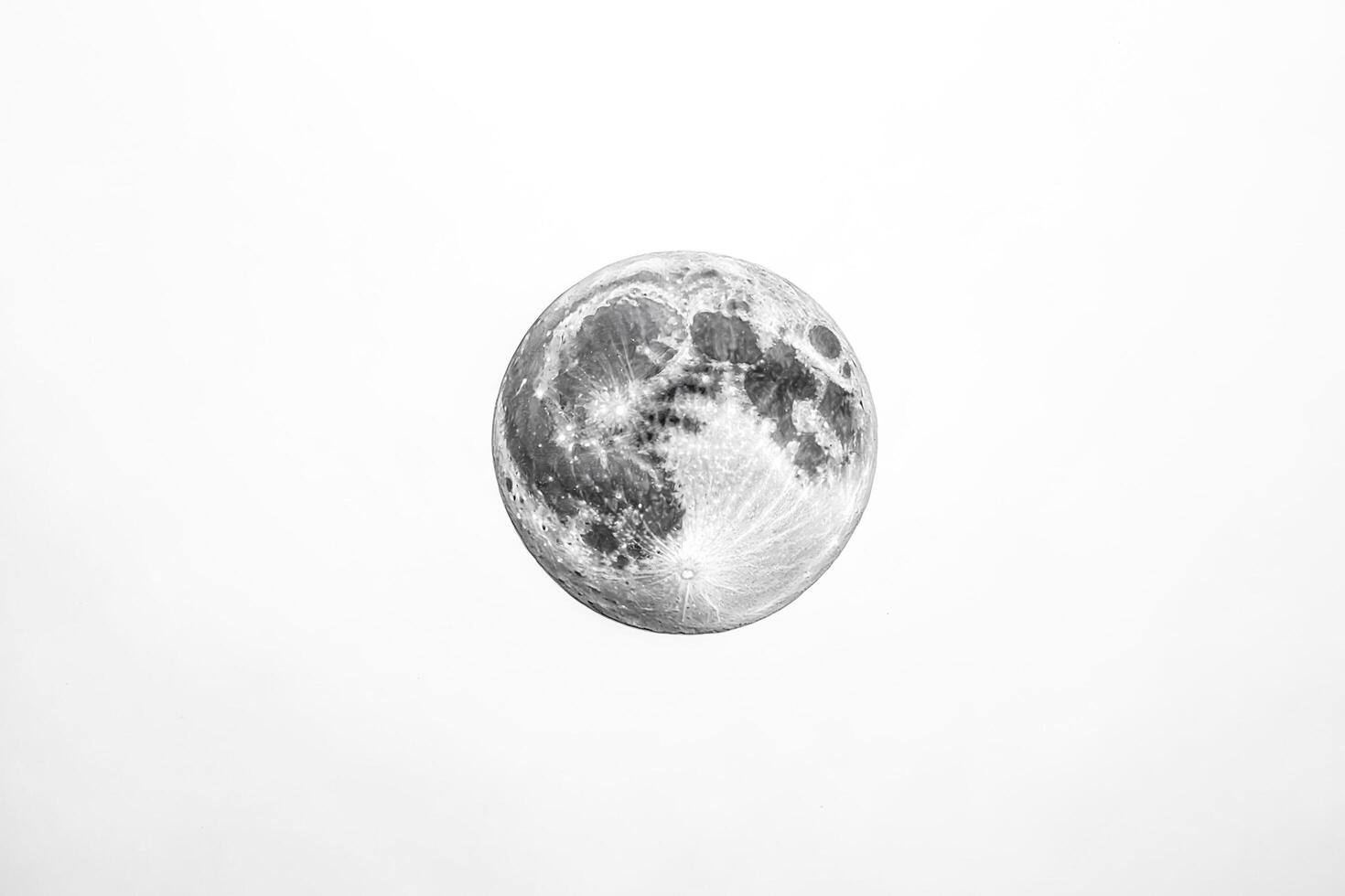 Black and White Photo of a Full Moon with Craters on a White Background