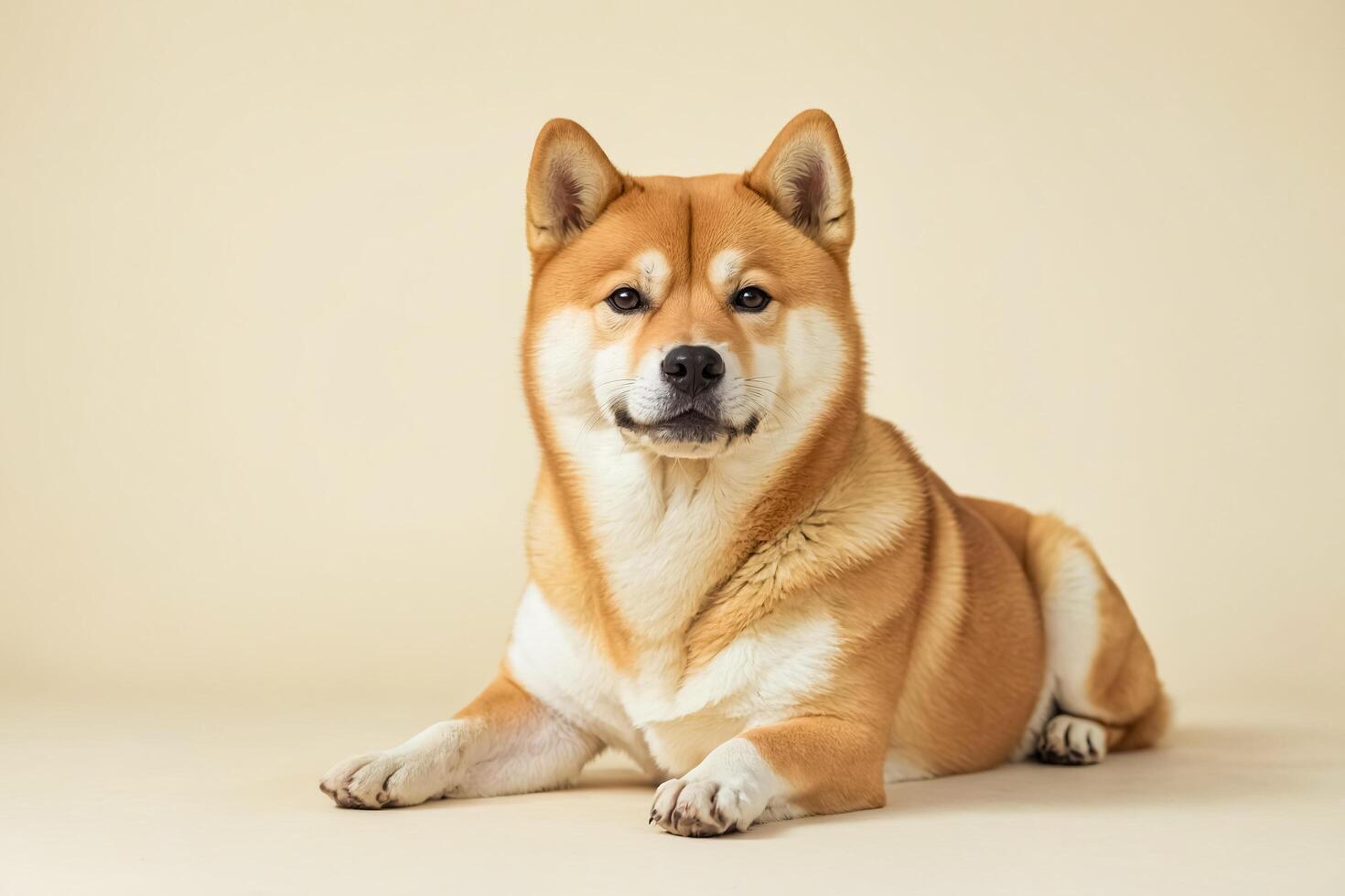 Adorable Shiba Inu Puppy Lying Down on a Beige Background photo