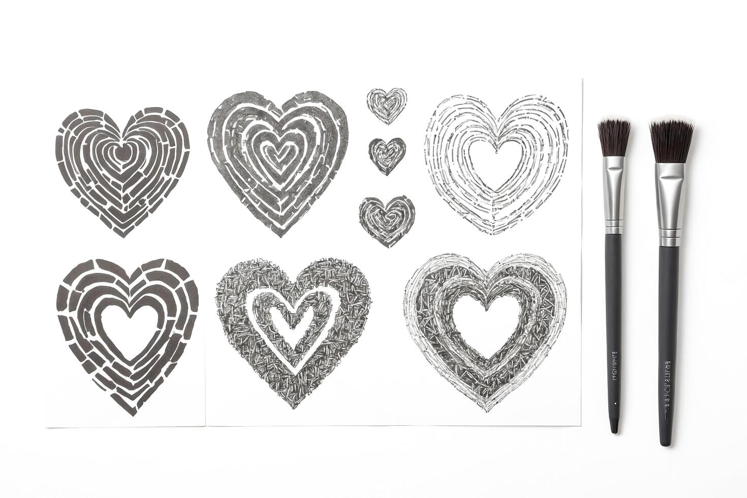 Hand-painted hearts and paintbrushes on a white background photo