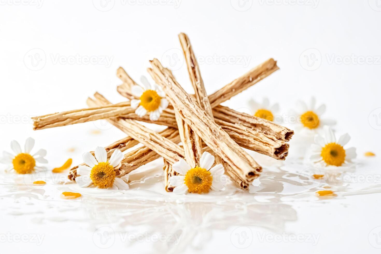 Chamomile and dried twigs on a white background photo