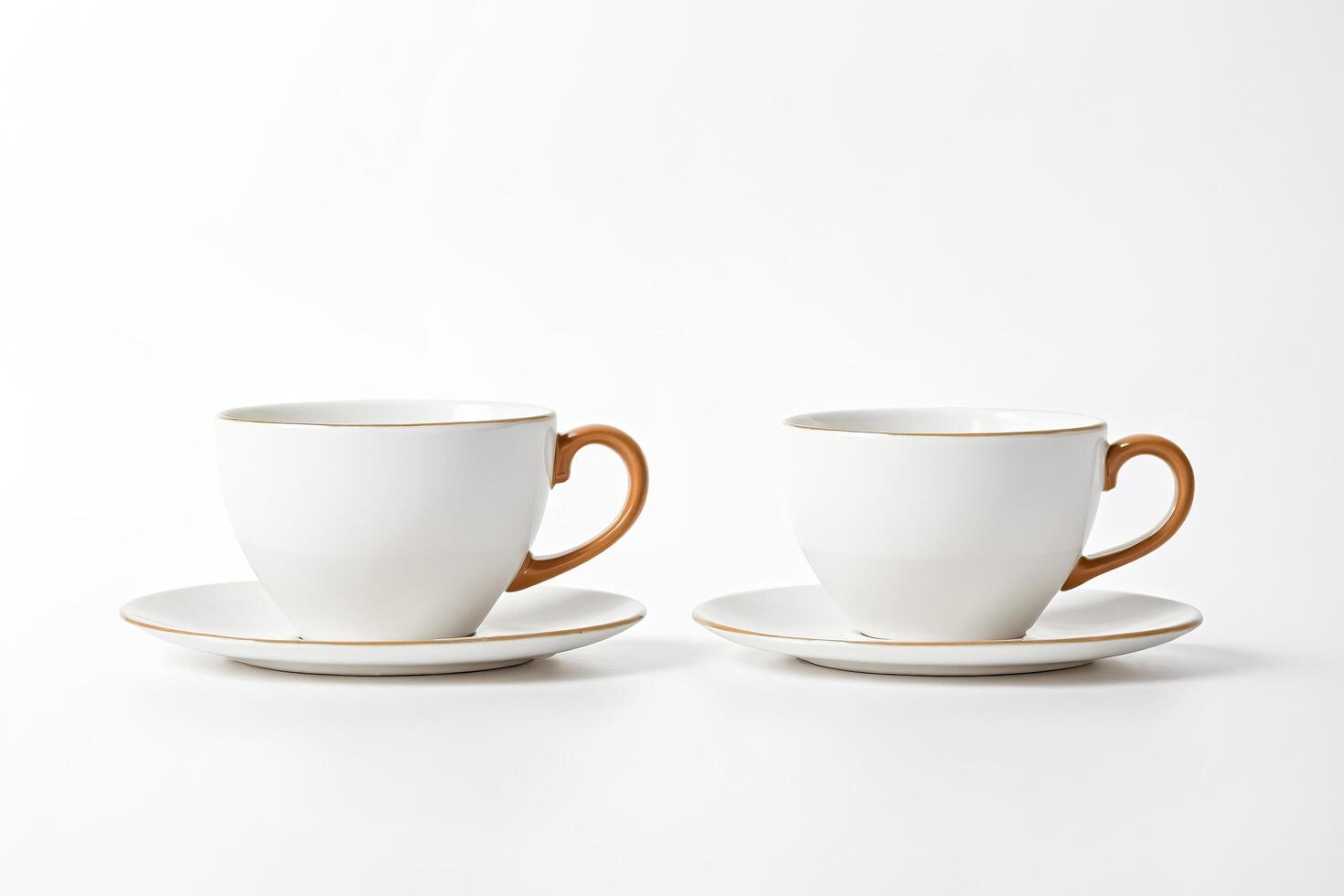 Two Empty Coffee Cups with Golden Accents on Saucers photo