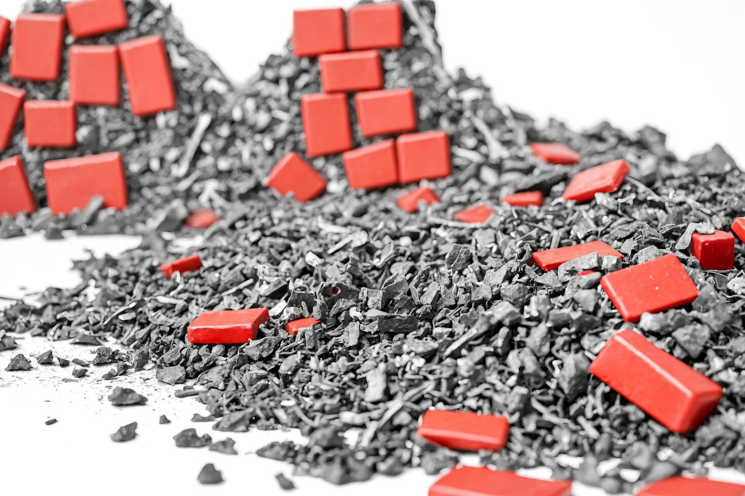 Red Blocks on Pile of Black Metal Shavings photo