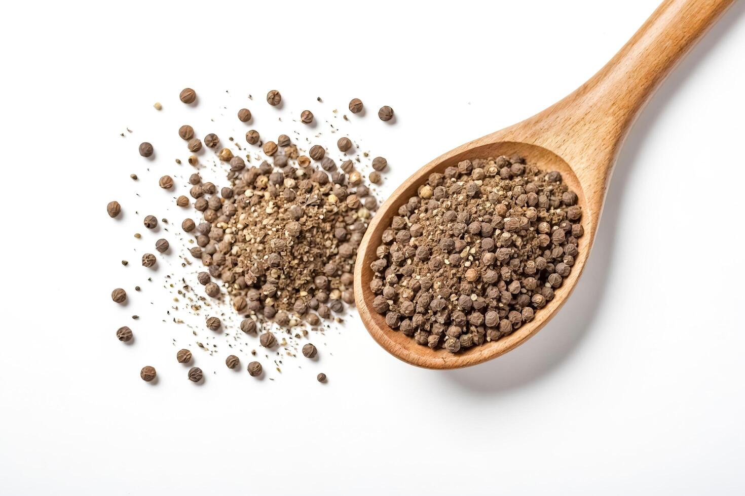 Black Peppercorns in Wooden Spoon on White Background photo