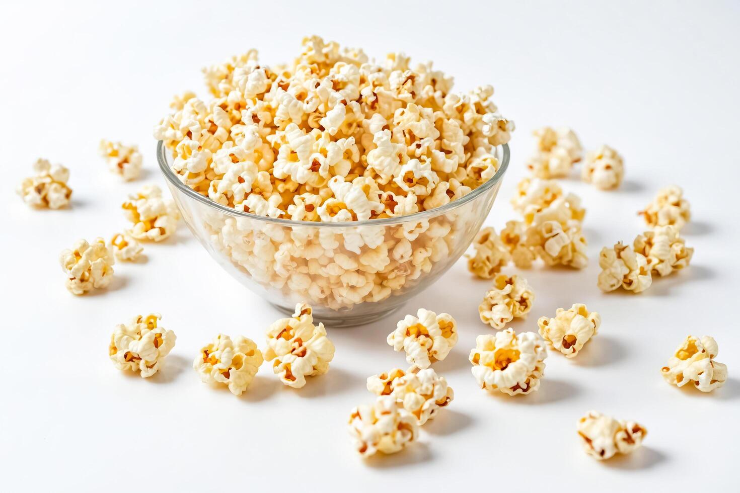 Close Up of a Bowl of Popcorn with Scattered Kernels photo
