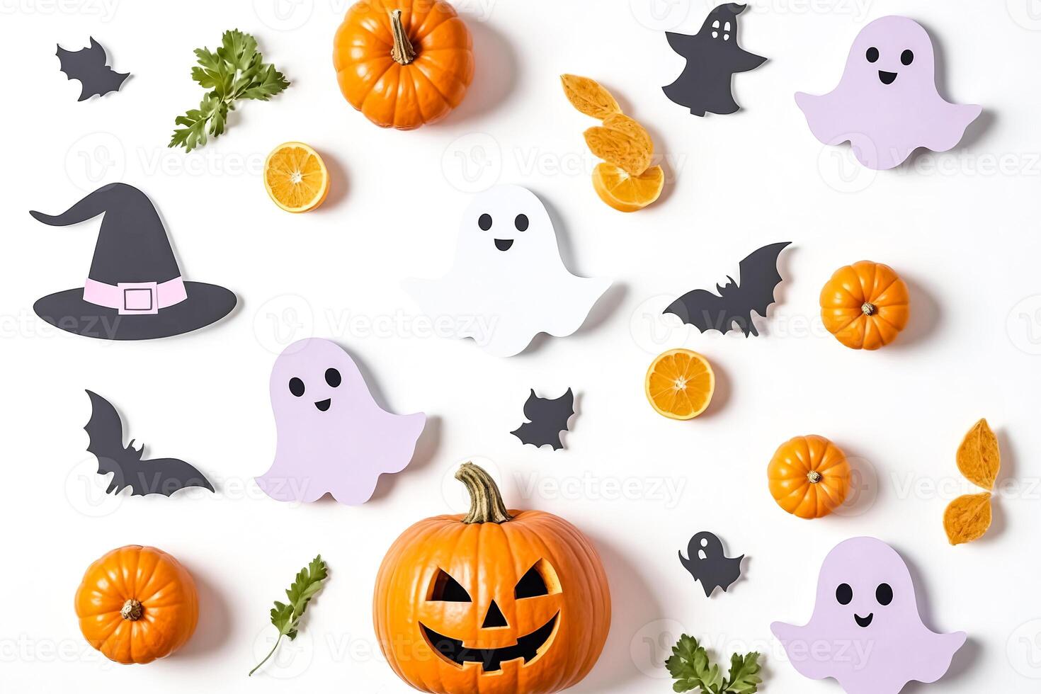 Halloween Flat Lay with Pumpkins, Ghosts, and Bats photo