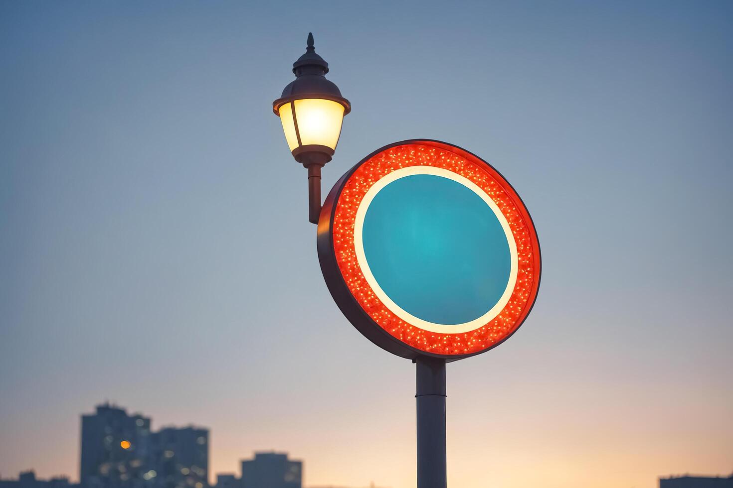 Blank circular sign with light border and street lamp photo