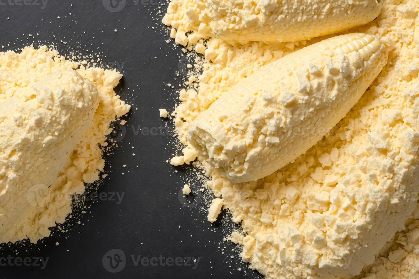 Close-up of Corn Kernels Covered in Butter and Crumbled on a Black Surface photo