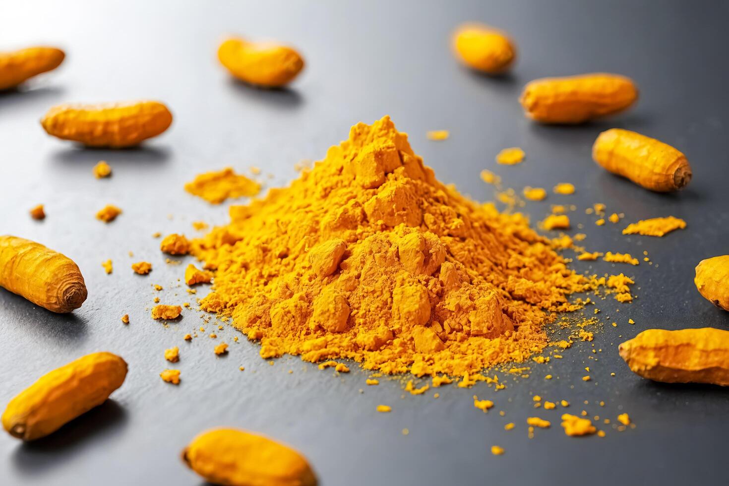 Turmeric Powder and Root on Gray Background photo