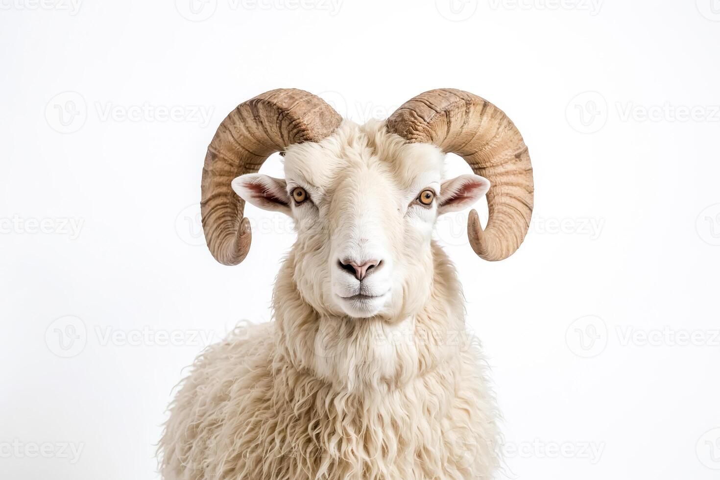 Portrait of a white ram with large curled horns photo