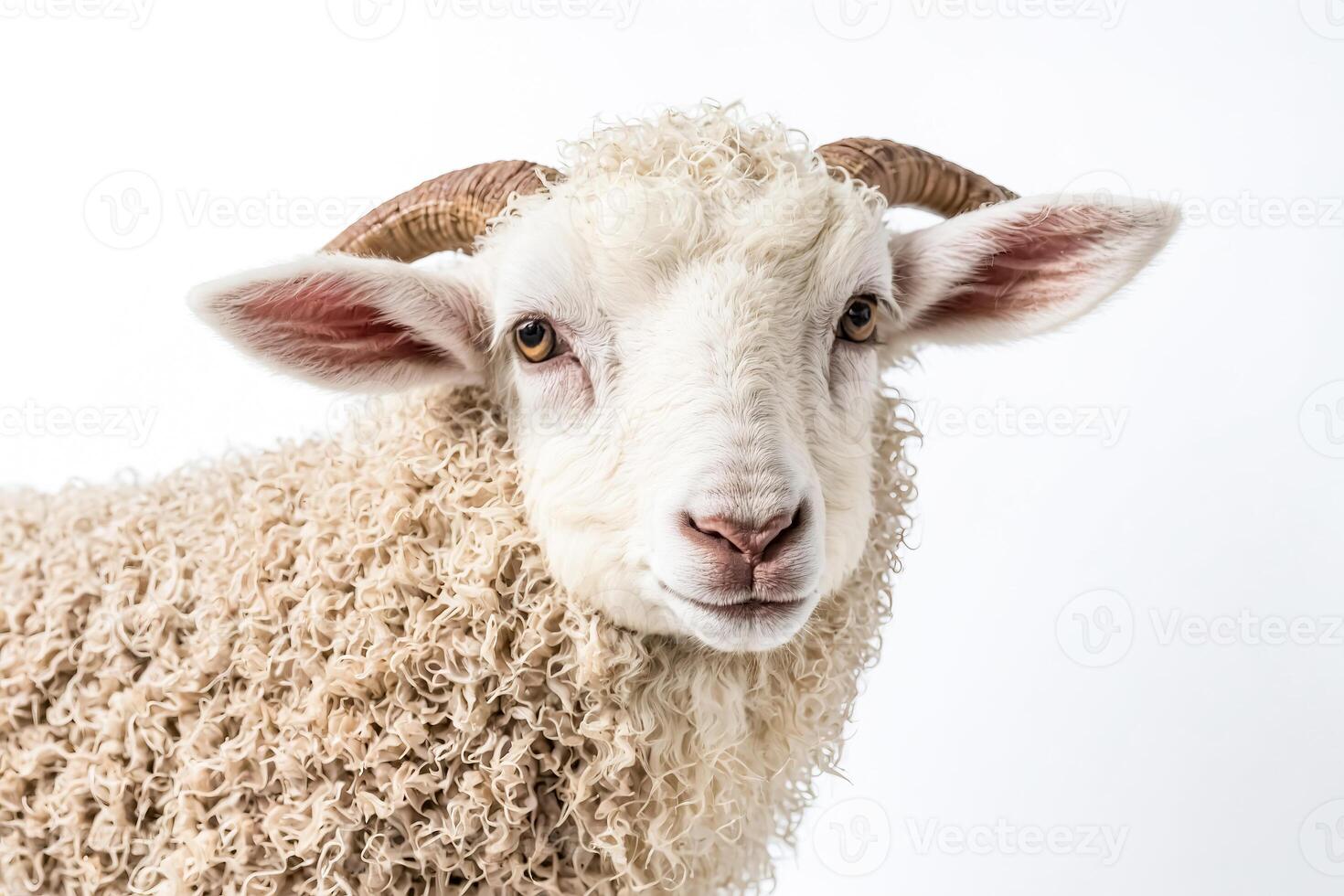 Closeup portrait of a white sheep with curly fur photo