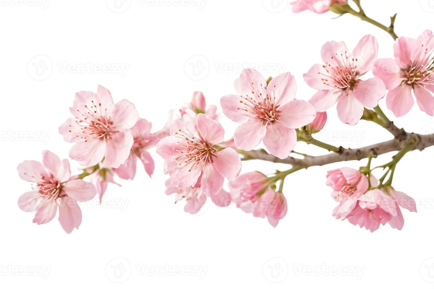 Delicate Pink Cherry Blossoms on a Branch Isolated on White photo