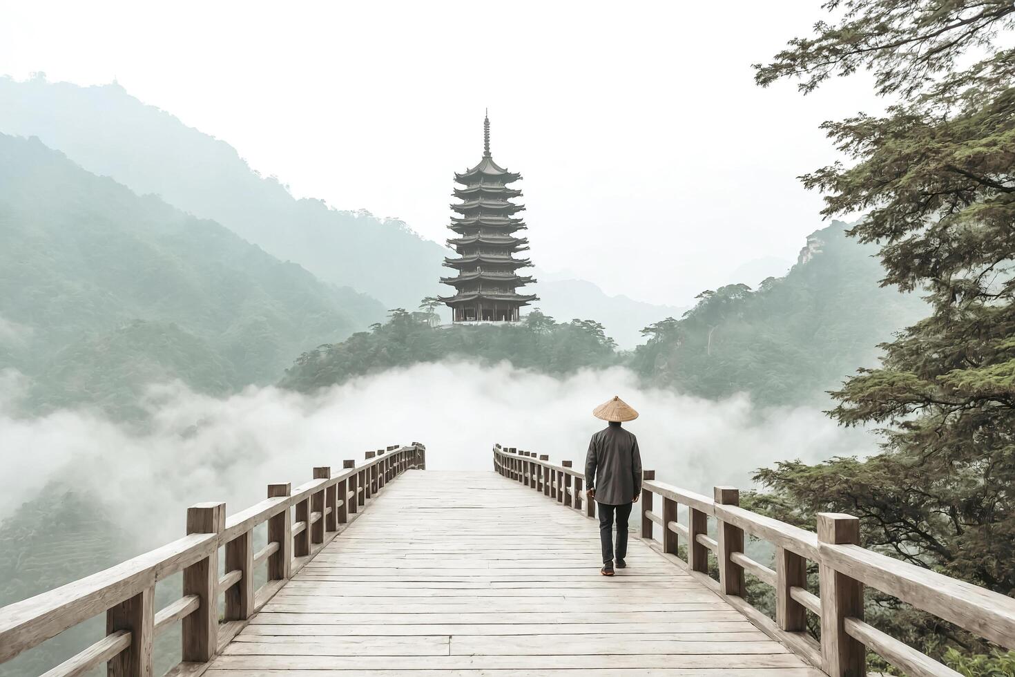 Man walking on a wooden bridge towards a pagoda in the clouds photo