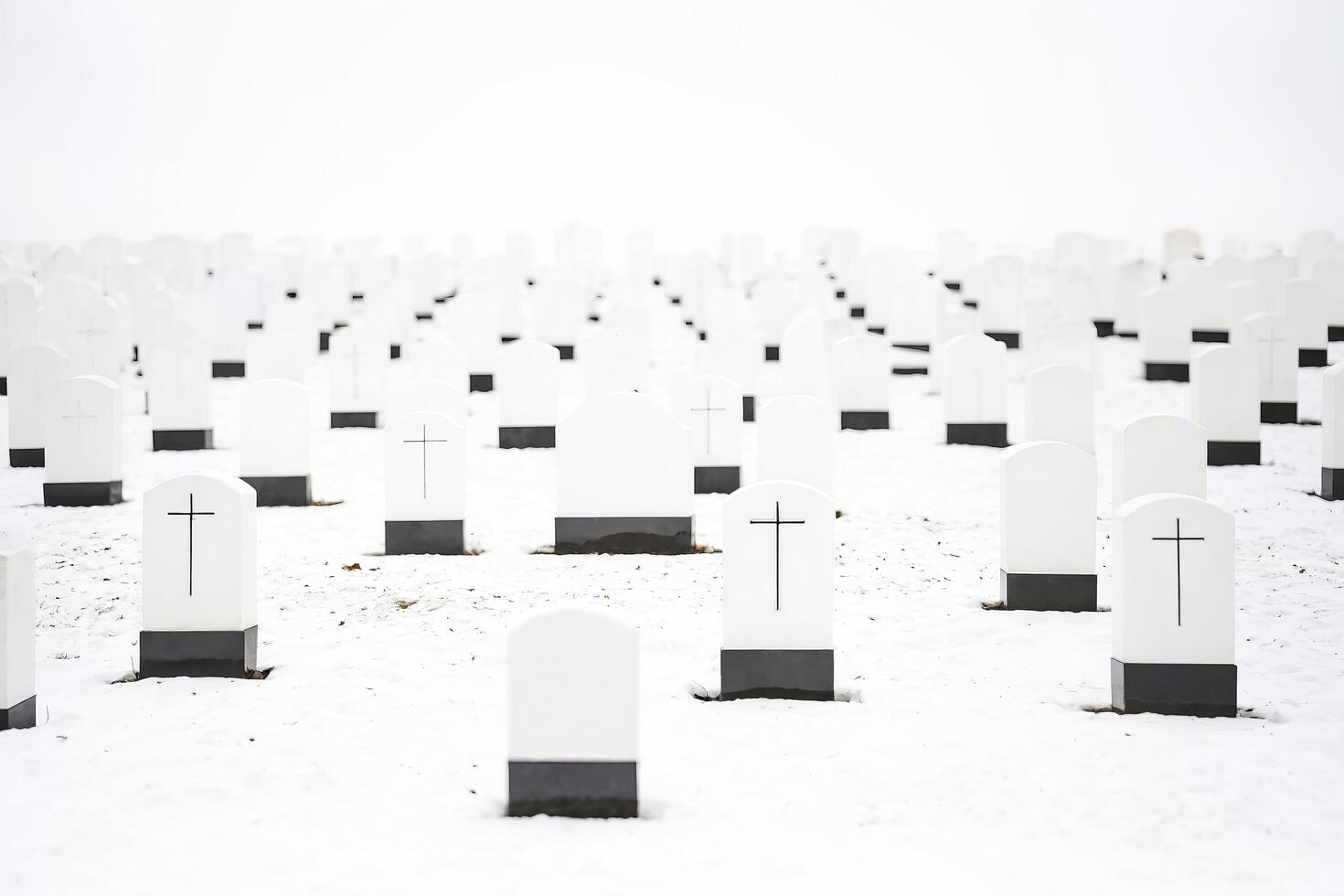 Rows of white tombstones in a snowy cemetery photo