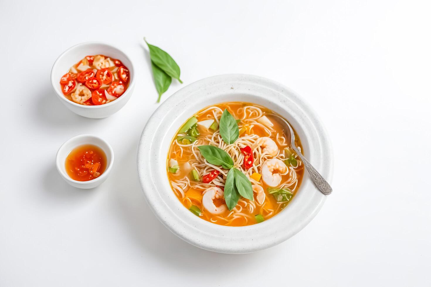 Bowl of Spicy Asian Soup with Shrimp and Noodles photo
