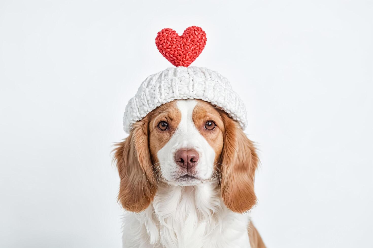 Puppy Wearing White Knit Hat With Red Heart photo