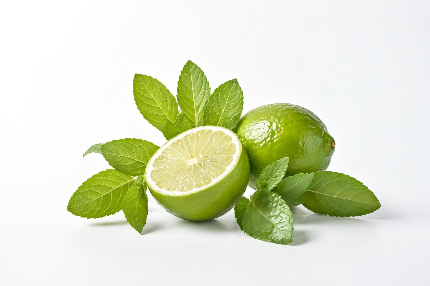 Fresh Limes and Mint Leaves on White Background photo