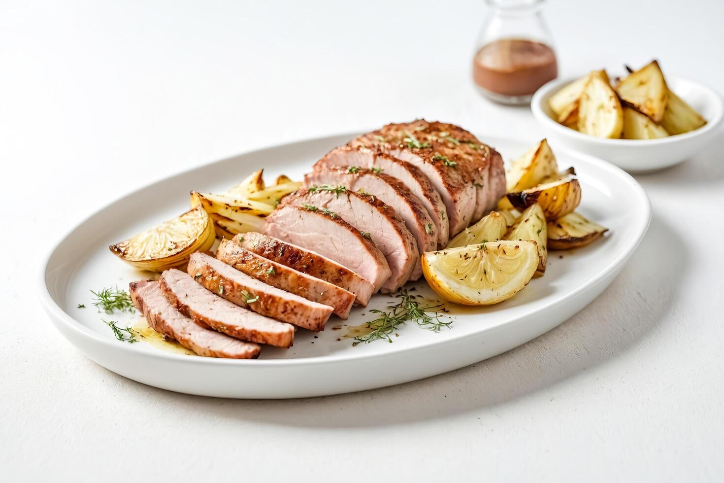 Sliced Roasted Pork Tenderloin with Lemon and Roasted Potatoes photo