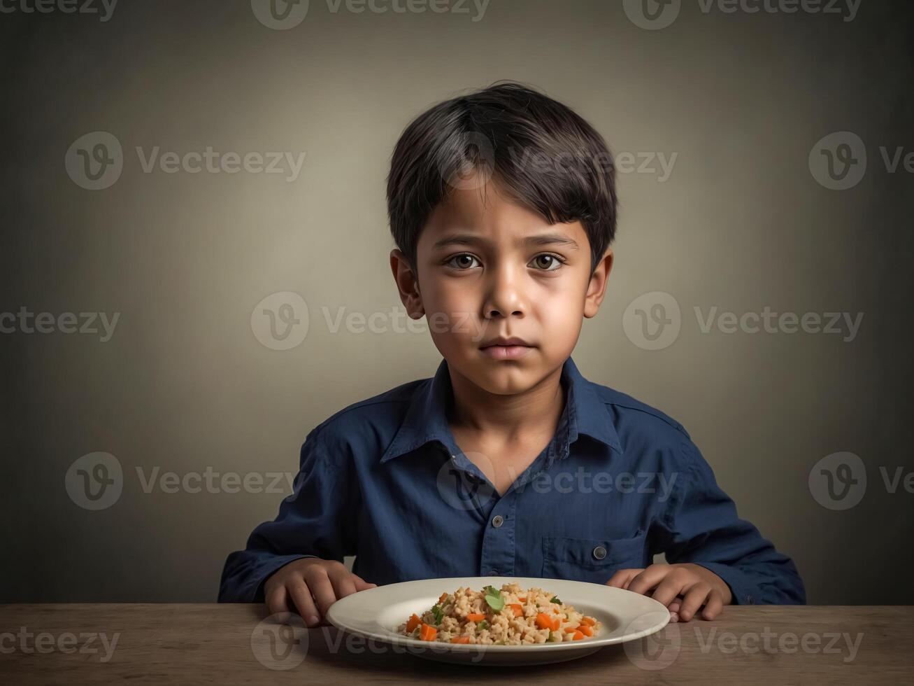 Calm Young Boy with a Plate of Mixed Vegetables photo