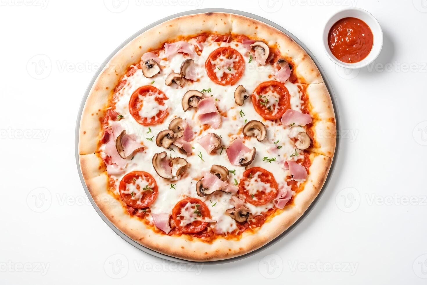 Delicious Pizza with Ham, Mushrooms, and Tomatoes photo