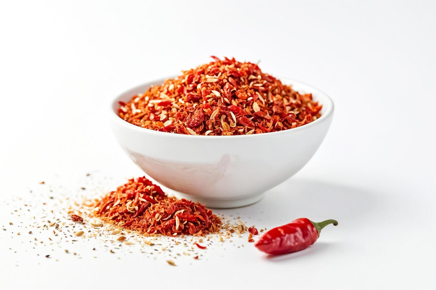 Dried red chili peppers in a white bowl with a fresh red chili pepper on the side photo