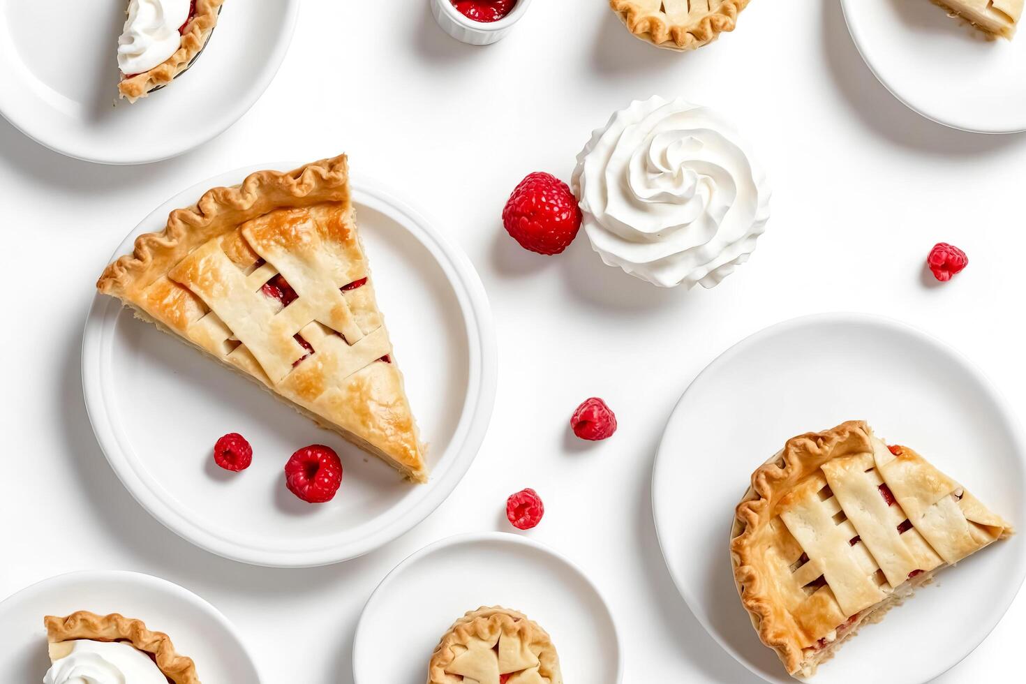 Flat lay of raspberry pie and whipped cream on white background photo