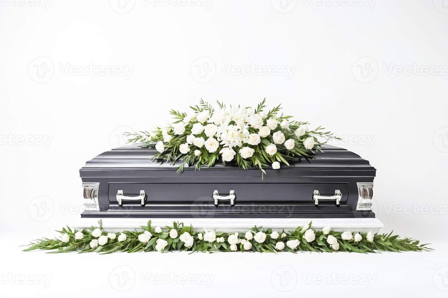 Black Coffin with White Roses and Green Foliage photo