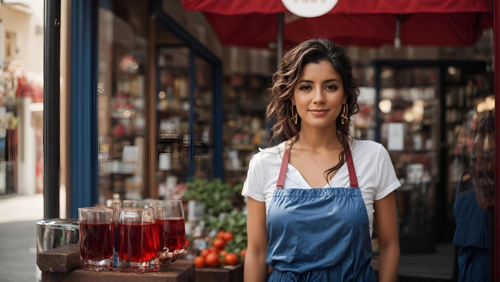 Portrait of a Smiling Woman in an Apron Holding Glasses of Red Juice photo