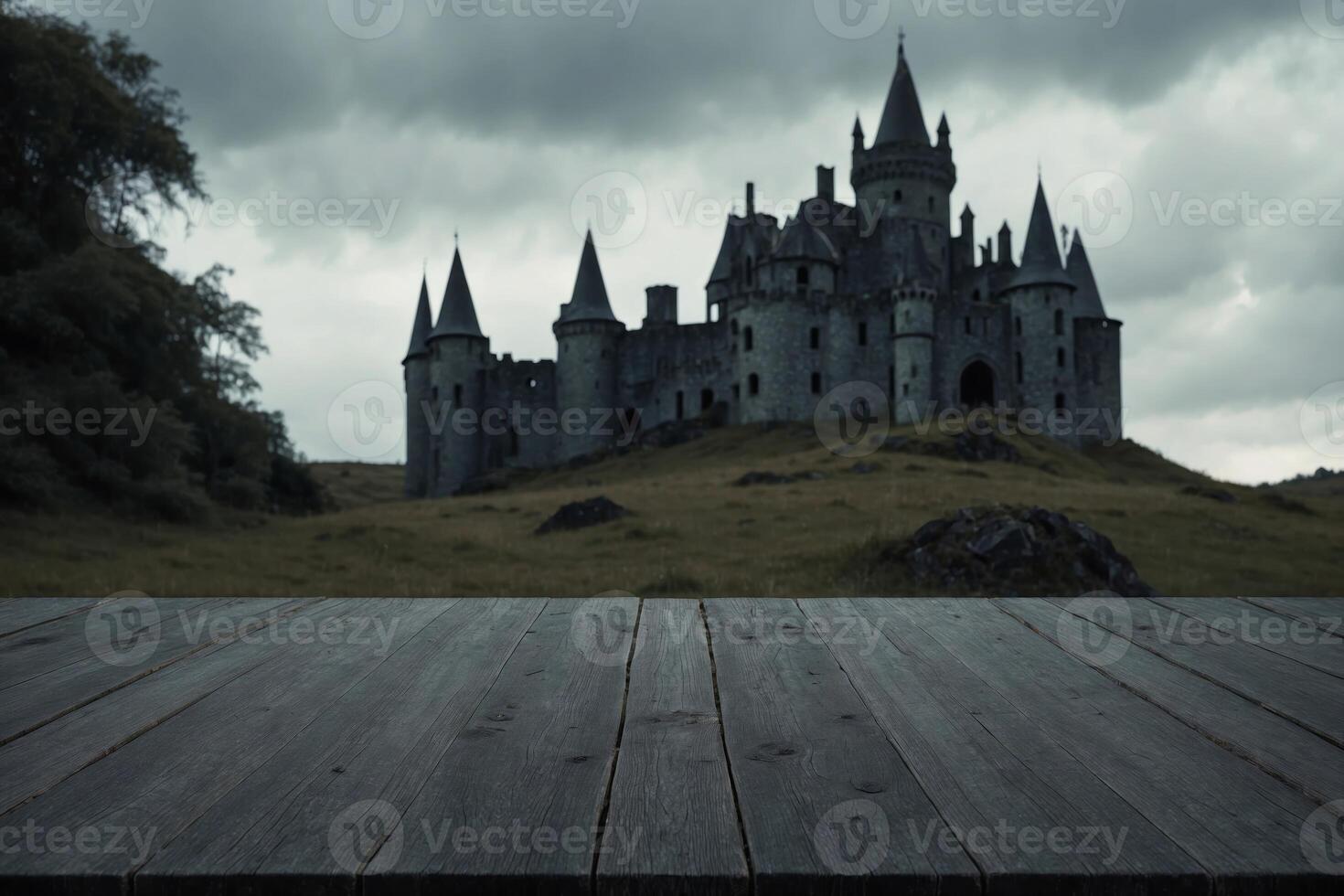 Rustic Wooden Table with Blurred Castle Background photo