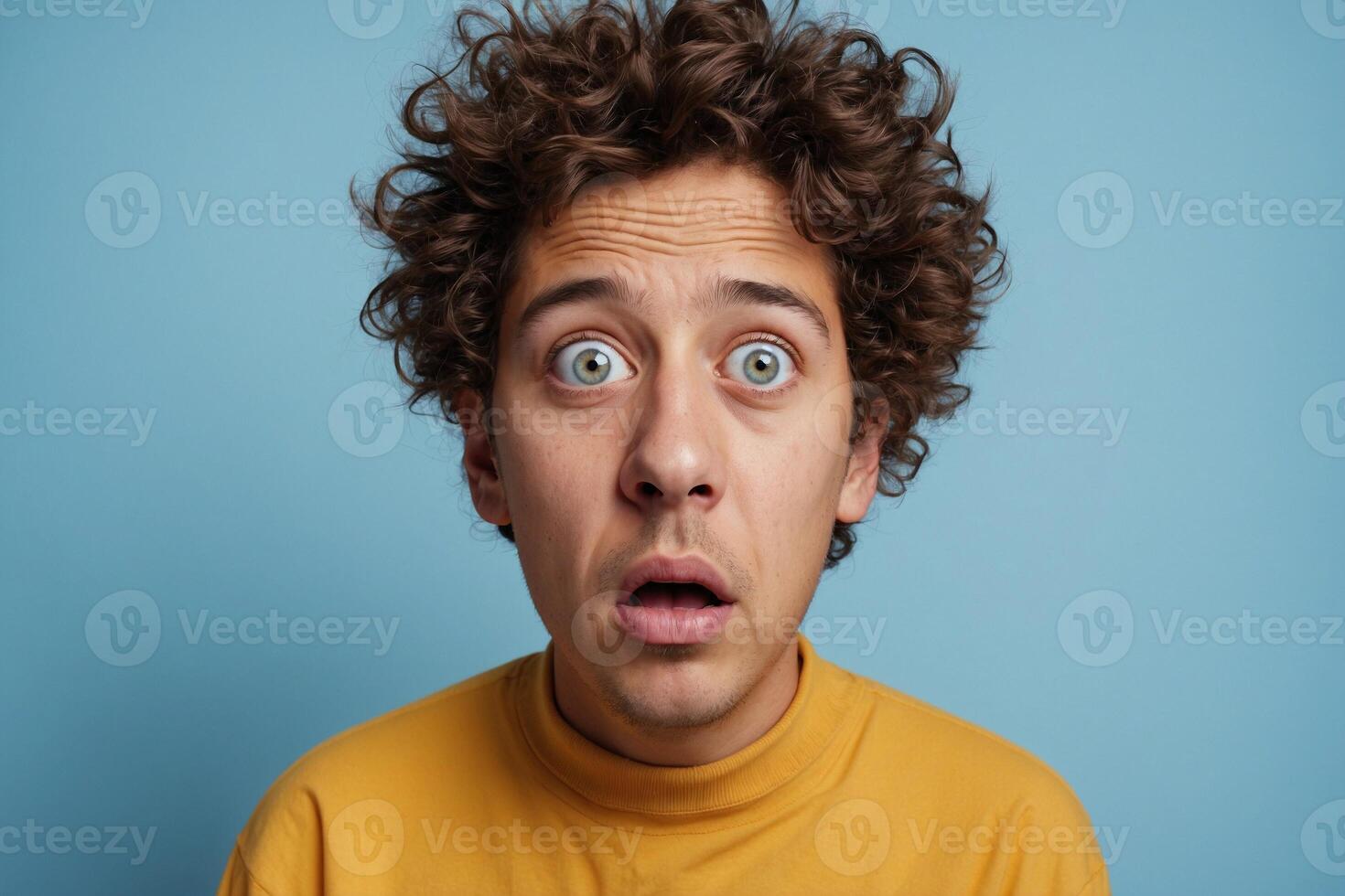 Shocked young man with curly hair photo